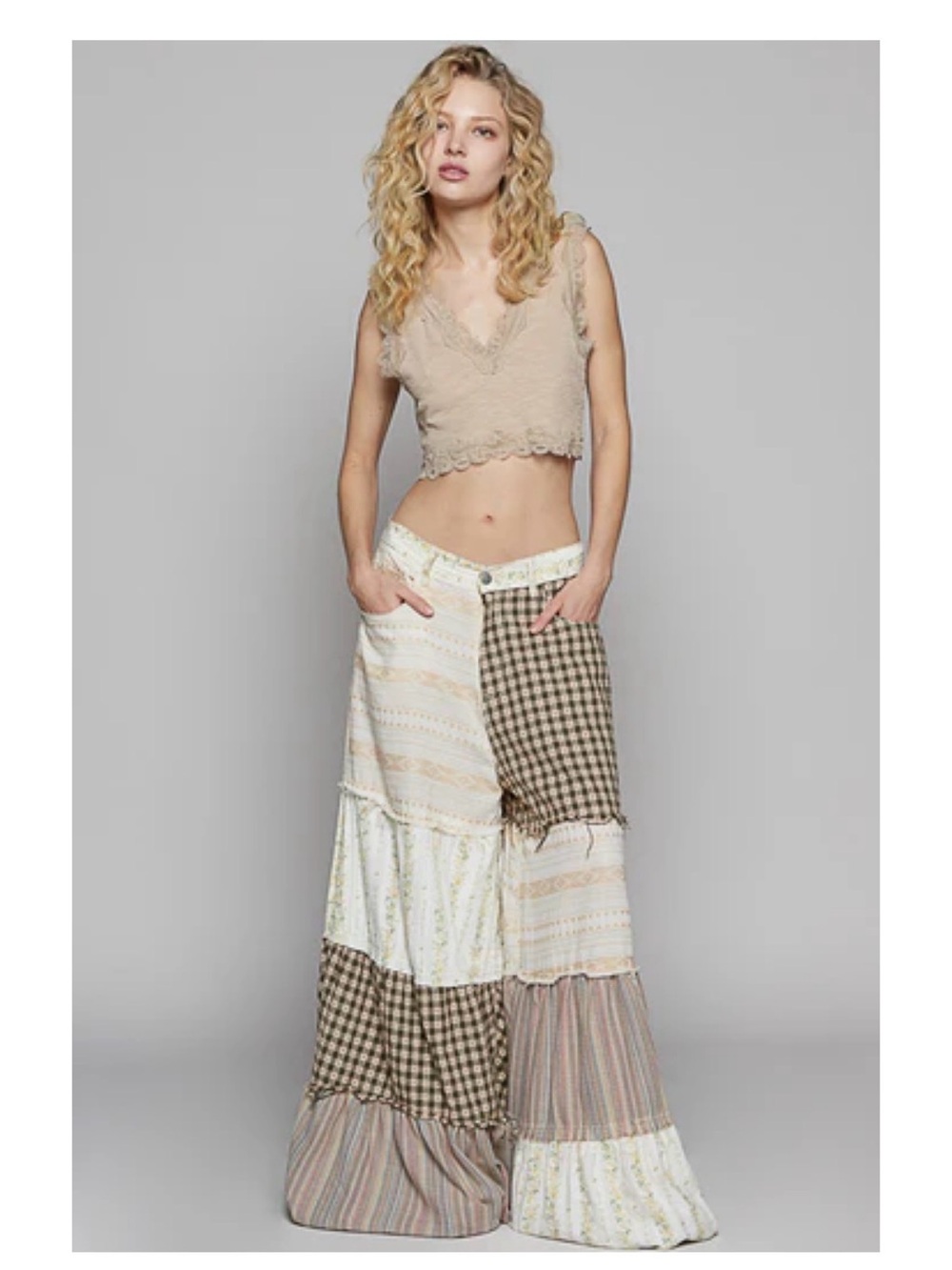 POL Beige Patchwork Wide-Leg Boho Pants